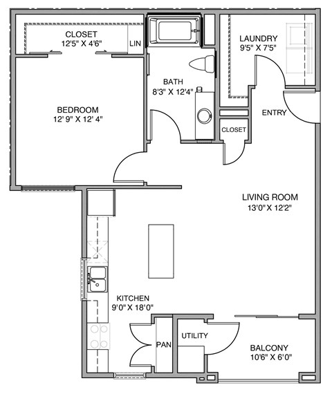 Floor plan for 1 bed, 1 bath, 899 sqft